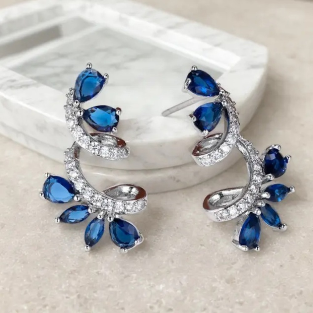 Sapphire & Diamond Silver Stud Earrings - Picture 6 of 8